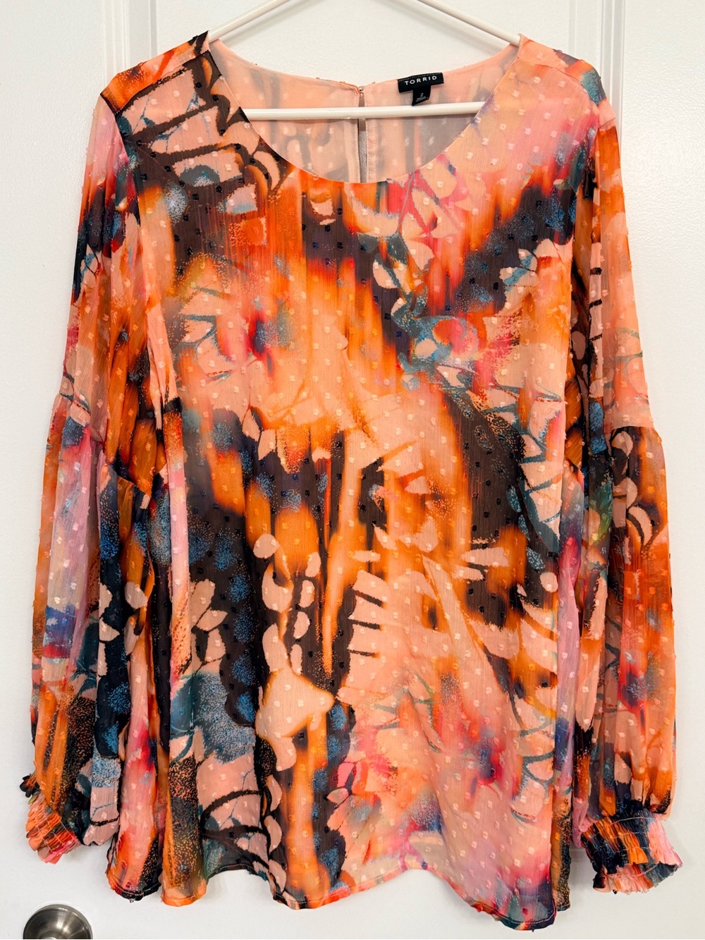 Torrid Size 2 Floral Abstract Swiss Dot Blouse Sheer Long Sleeve Boho Plus Size